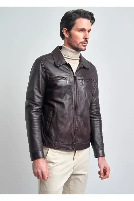 Erkaklar uchun bordo rangli fermuarlı yoqali charm ko'ylagi - PIERRE CARDIN