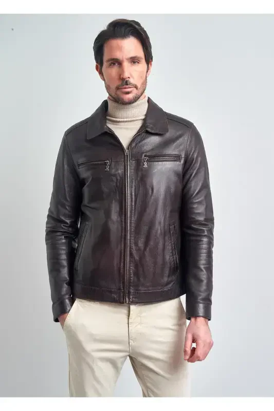 Erkaklar uchun bordo rangli fermuarlı yoqali charm ko'ylagi - 2