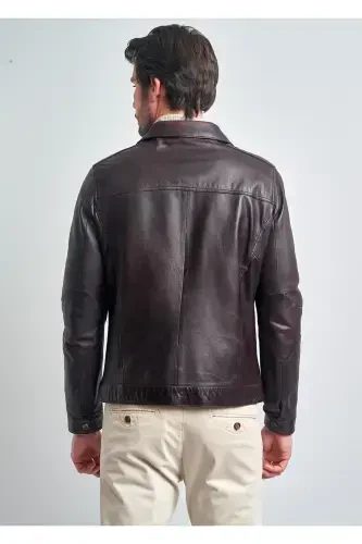 Erkaklar uchun bordo rangli fermuarlı yoqali charm ko'ylagi - 3