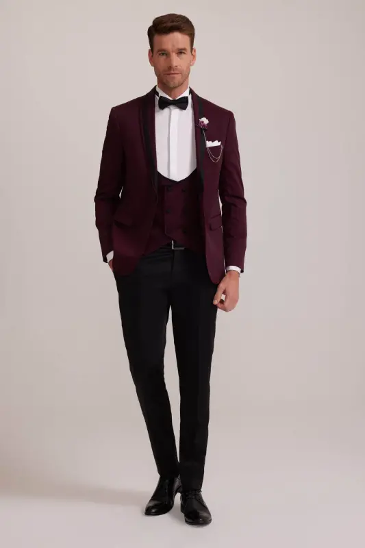 Erkaklar uchun bordo rangli shal yoqali slim fit damatlik - 1