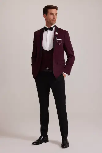 Erkaklar uchun bordo rangli shal yoqali slim fit damatlik - YSF (1)