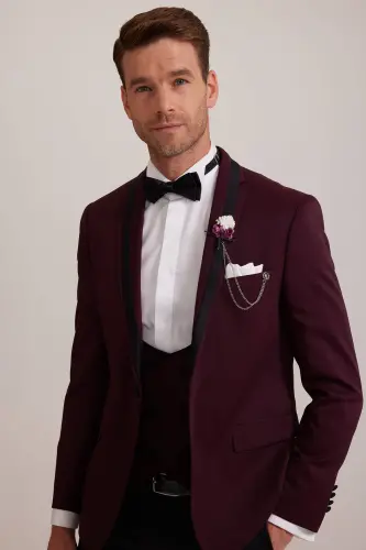 Erkaklar uchun bordo rangli shal yoqali slim fit damatlik - 4