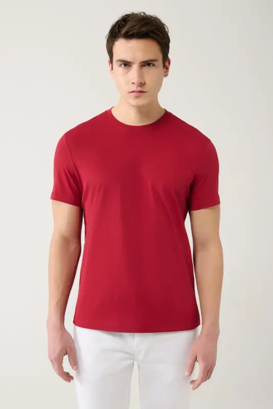 Erkaklar uchun bordo rangli T-shirt 100% paxtadan tikilgan, nafas oladigan, dumaloq yoqa, oddiy o'lcham E001000 - 3