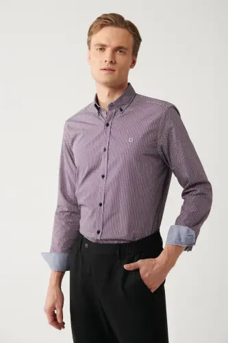 Erkaklar uchun bordo tugmali yaxasi 100% paxtadan tikilgan naqshli slim fit ko'ylak A32y2179 - 1