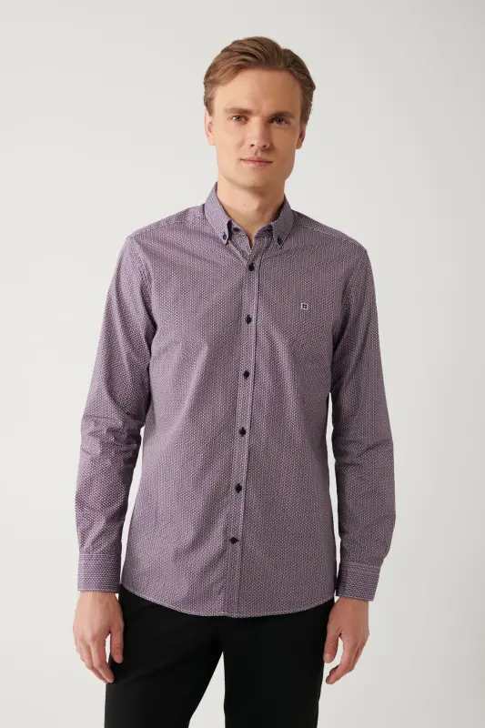 Erkaklar uchun bordo tugmali yaxasi 100% paxtadan tikilgan naqshli slim fit ko'ylak A32y2179 - 3