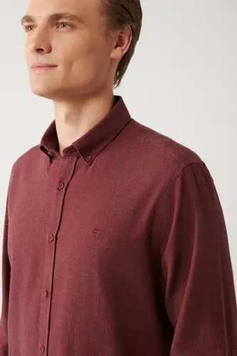 Erkaklar uchun bordo tugmali yoqa 100% paxta baliq suyaklari flanel Regular Fit ko'ylak B002033 - AVVA (1)