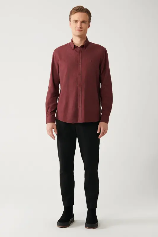 Erkaklar uchun bordo tugmali yoqa 100% paxta baliq suyaklari flanel Regular Fit ko'ylak B002033 - 5