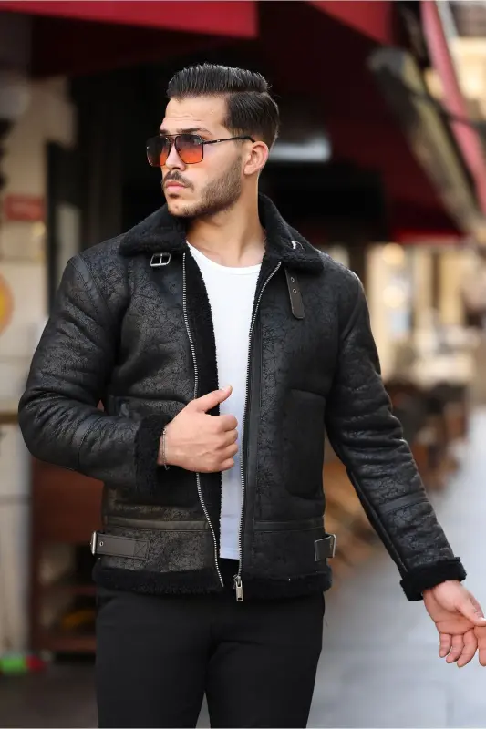 Erkaklar uchun charm ko'ylagi, yuqori sifatli, slim fit, qora rangda. - 2