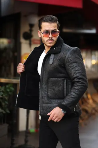 Erkaklar uchun charm ko'ylagi, yuqori sifatli, slim fit, qora rangda. - 3