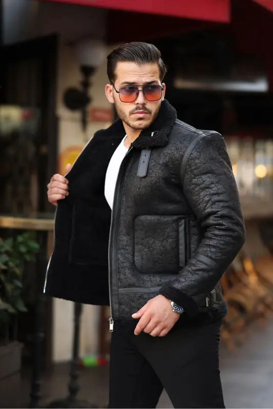 Erkaklar uchun charm ko'ylagi, yuqori sifatli, slim fit, qora rangda. - 3