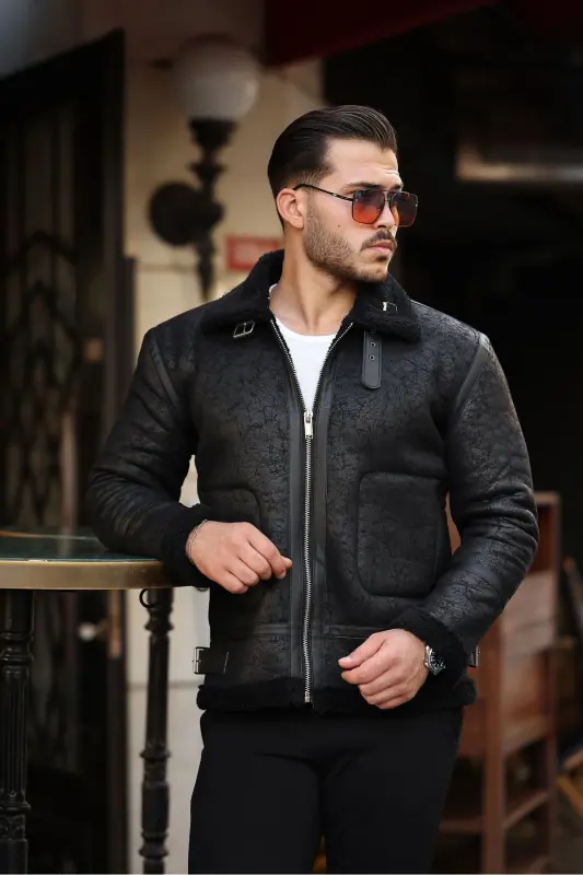 Erkaklar uchun charm ko'ylagi, yuqori sifatli, slim fit, qora rangda. - 5