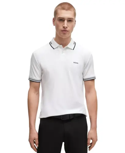 Erkaklar uchun cho'ziluvchan paxtadan slim-fit polo ko'ylak - Oq - 1
