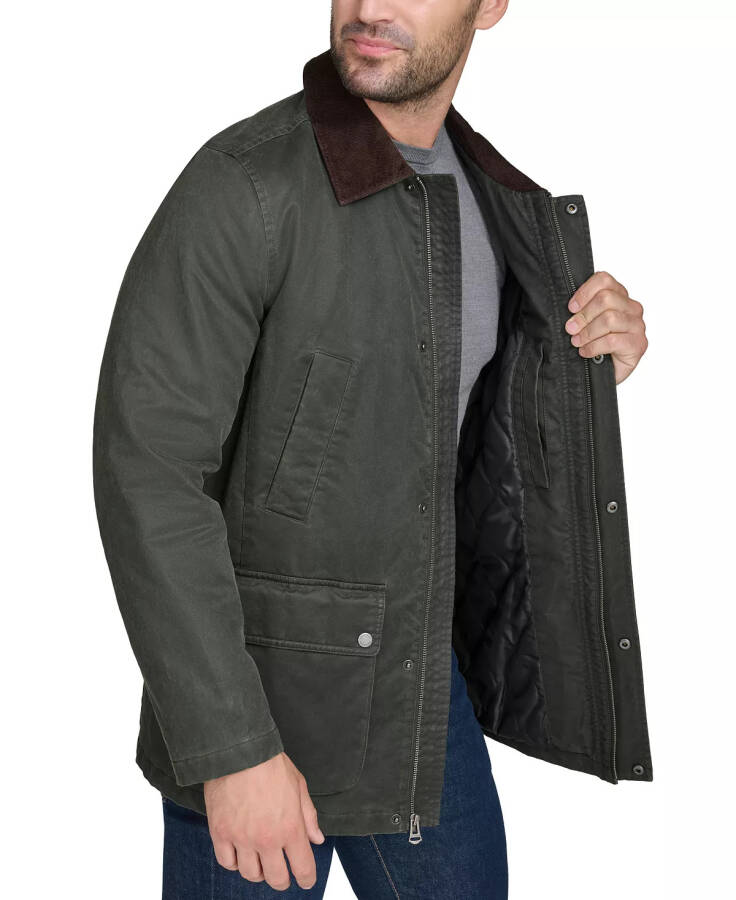 Erkaklar uchun Corduroy-Shirt-Collar Waxed Rain Jacket Army Green - 4