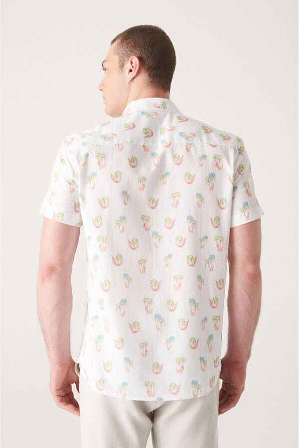 Erkaklar uchun ekru rangli bosma qisqa yengli paxta ko'ylak A21y2093 - 4