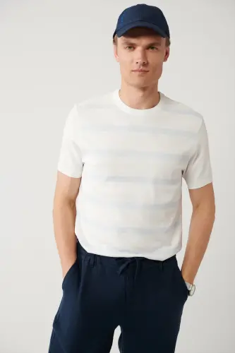 Erkaklar uchun ekru rangli triko T-shirt, bisiklet yaxasi, rayon chiziqli, Regular Fit A41y5031 - AVVA (1)