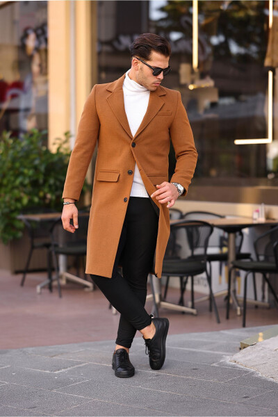 Erkaklar uchun g'isht rangli tor kesimli uzun jun aralashgan kashmir palto - 13