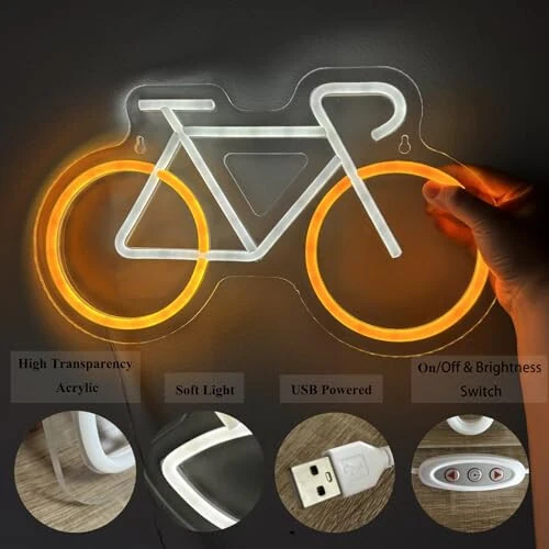 Erkaklar uchun g'or uchun velosiped neon chiroqlari, velosiped ixlosmandlari uchun sovg'alar, uy bezagi uchun velosiped neon chirog'i, 13,9 * 8,1 dyuymli velosiped devor bezagi, 5V USB quvvatlanadi - 4