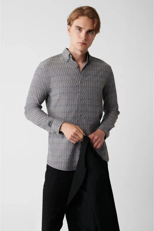 Erkaklar uchun haki rangli tugmali yoqa naqshli elastik paxta slim fit ko'ylak A32y2145 - 3