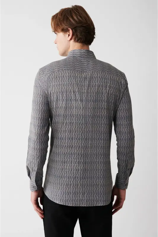 Erkaklar uchun haki rangli tugmali yoqa naqshli elastik paxta slim fit ko'ylak A32y2145 - 4