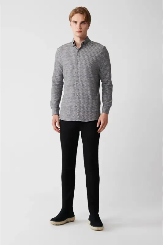 Erkaklar uchun haki rangli tugmali yoqa naqshli elastik paxta slim fit ko'ylak A32y2145 - 5