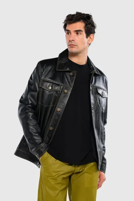 Erkaklar uchun haqiqiy charm qora charm kurtkasi - TAMER TANCA