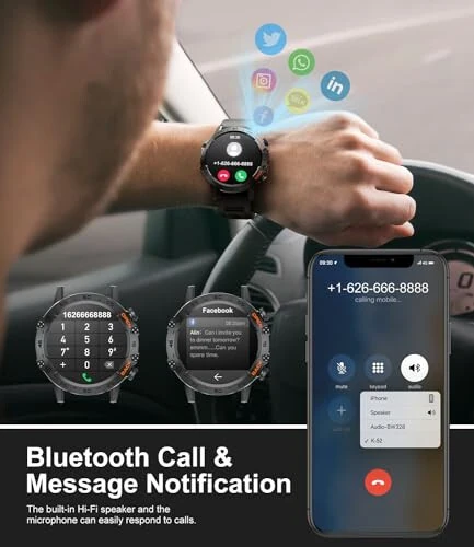 Erkaklar uchun harbiy aqlli soat (Javob/Qo'ng'iroq qilish), 100 sport rejimi, 5ATM suv o'tkazmaydigan fitnes soati, Android va iOS uchun yurak urish tezligi/SpO2/qon bosimi bilan, 1.39''HD DIY ekranli aqlli soat - Military (1)
