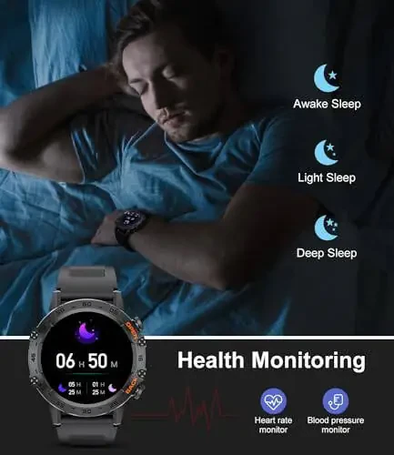 Erkaklar uchun harbiy aqlli soat (Javob/Qo'ng'iroq qilish), 100 sport rejimi, 5ATM suv o'tkazmaydigan fitnes soati, Android va iOS uchun yurak urish tezligi/SpO2/qon bosimi bilan, 1.39''HD DIY ekranli aqlli soat - 5