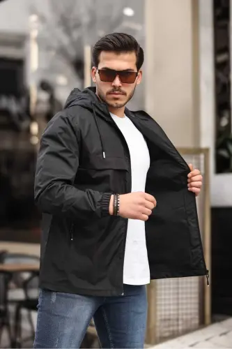 Erkaklar uchun ichki qoplamalı suv o'tkazmaydigan kaputli cho'ntakli yomg'ir paltosi 