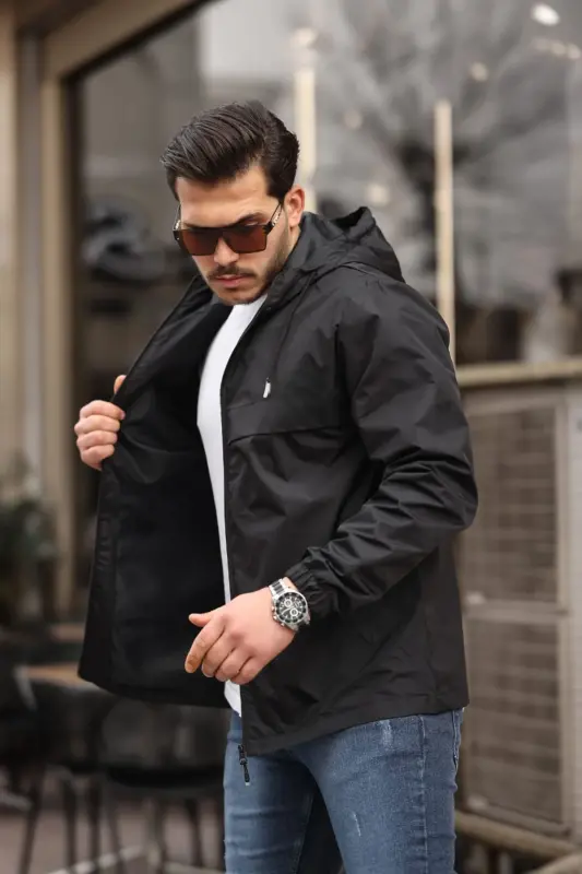 Erkaklar uchun ichki qoplamalı suv o'tkazmaydigan kaputli cho'ntakli yomg'ir paltosi - 2