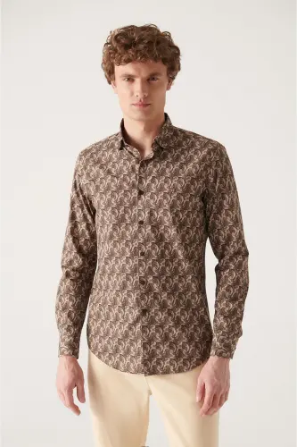Erkaklar uchun jigarrang abstrakt naqshli 100% paxta Slim Fit tor kesimli ko'ylak A22y2001 - 1