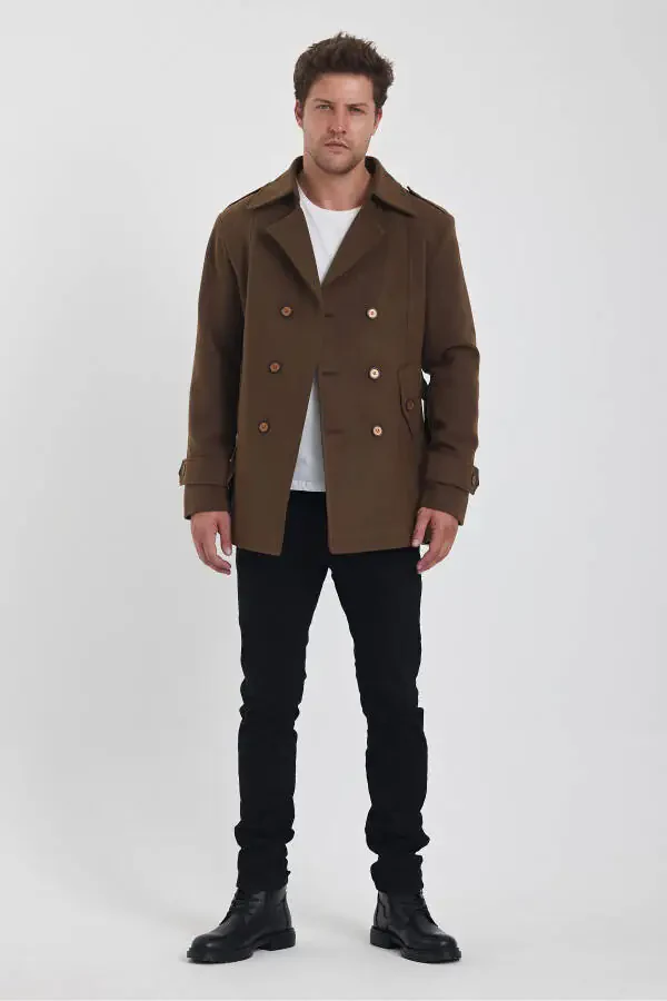 Erkaklar uchun jigarrang ikki tomonlama tugmali ingichka kesimli kashmir paltosi - 2