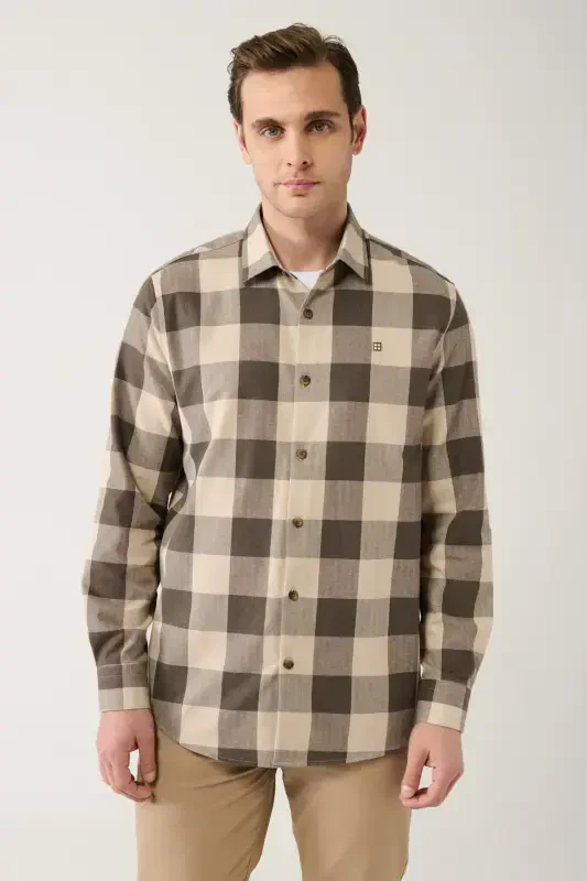 Erkaklar uchun jigarrang yog'ochchi ko'ylak Klassik yoqa Oson dazmollanadigan Flanel Konfort Fit A32y2105 - 3