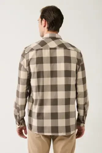 Erkaklar uchun jigarrang yog'ochchi ko'ylak Klassik yoqa Oson dazmollanadigan Flanel Konfort Fit A32y2105 - 4