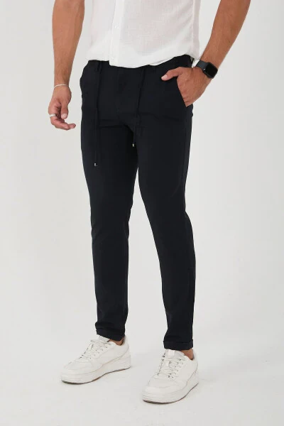 Erkaklar uchun Jogger Slim Fit yarim elastik bel qismi, ikki qavatli oyoq, to'q ko'k mato shimlari - BROCARD