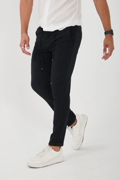 Erkaklar uchun Jogger Slim Fit yarim elastik bel qismi, ikki qavatli oyoq, to'q ko'k mato shimlari - 4