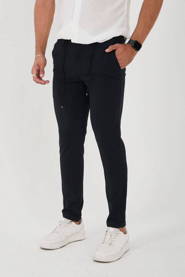 Erkaklar uchun Jogger Slim Fit yarim elastik bel qismi, ikki qavatli oyoq, to'q ko'k mato shimlari - 1