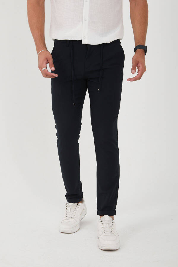 Erkaklar uchun Jogger Slim Fit yarim elastik bel qismi, ikki qavatli oyoq, to'q ko'k mato shimlari - 2