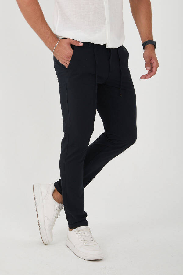 Erkaklar uchun Jogger Slim Fit yarim elastik bel qismi, ikki qavatli oyoq, to'q ko'k mato shimlari - 3