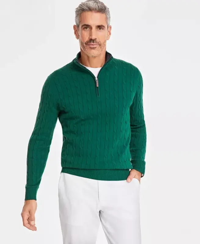 Men's Cable Knit Quarter-Zip Cotton Sweater, Created for Modazone - 1