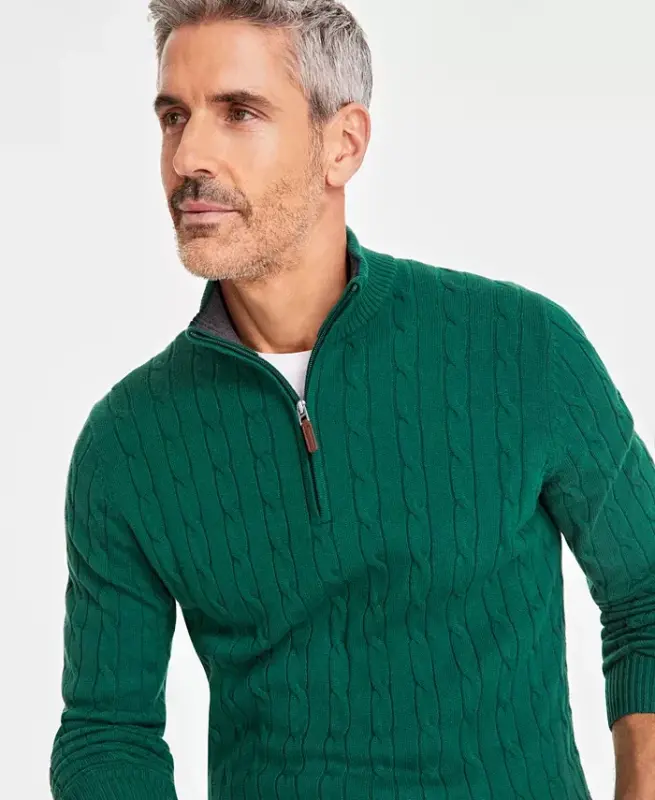 Men's Cable Knit Quarter-Zip Cotton Sweater, Created for Modazone - 4
