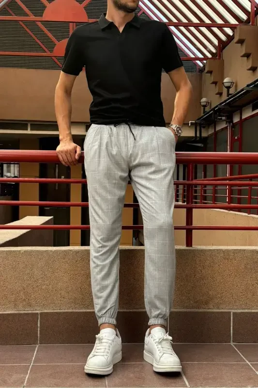 Erkaklar uchun kamarli, kat-katli, elastik mato, burmalar bilan bezatilgan, Jogger shimlari 24INP199K - 7