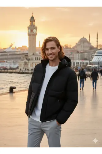 Erkaklar uchun kaputli fermuarlı puffer ko'ylagi - 2