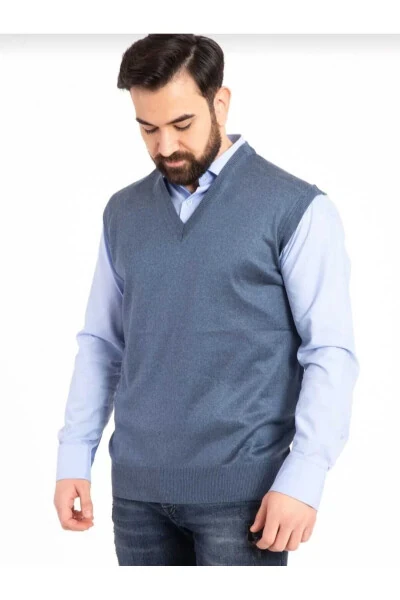 Erkaklar uchun kat-kat naqshli V bo'yinli ingichka trikotaj sviter - GENEL MARKALAR (1)