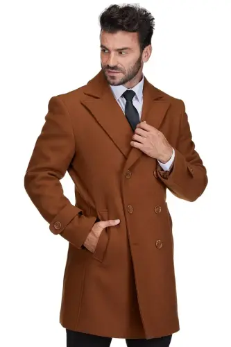 Erkaklar uchun katta o'lchamli ikki qator tugmali jun aralashmali palto - Karamel - 1