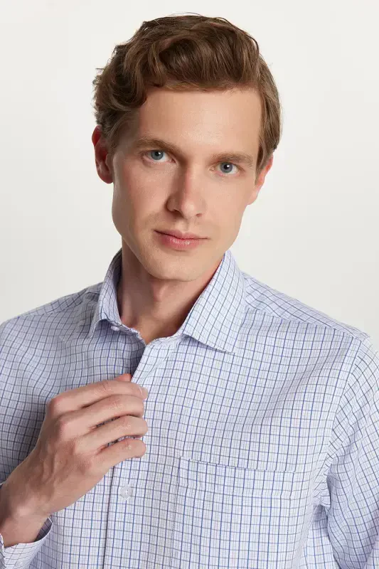 Erkaklar uchun Klassik Fit Oddiy Kesim Uzun Yengli Bitta Cho'ntakli Chiziqli Italyan Yoqali Ko'ylak - 2