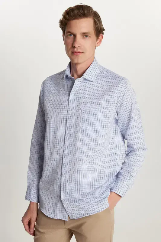 Erkaklar uchun Klassik Fit Oddiy Kesim Uzun Yengli Bitta Cho'ntakli Chiziqli Italyan Yoqali Ko'ylak - 4