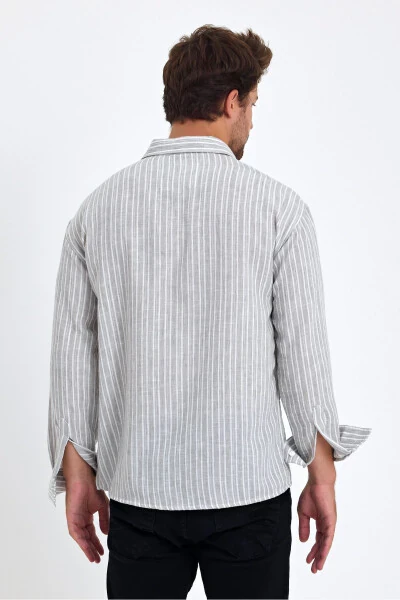 Erkaklar uchun klassik moslashtirilgan oddiy kesilgan uzun yengli 100% paxta zig'ir matosi katlama yengli chiziqli ko'ylak - 5