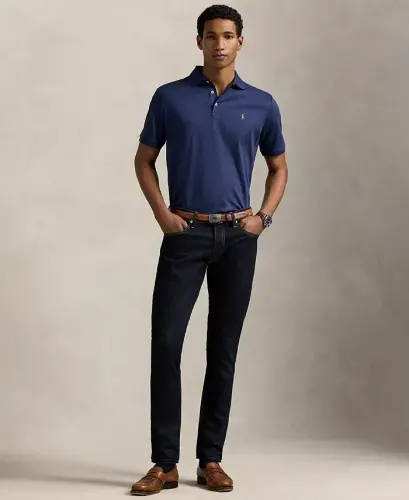 Erkaklar uchun klassik uslubdagi yumshoq paxta polosi - Bahorgi to'q ko'k rangli jundan to'qilgan mato - POLO RALPH LAUREN (1)