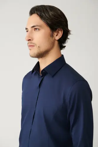 Erkaklar uchun ko'k atlas ko'ylak 100% paxta Klassik yoqa Slim Fit B002002 - 2