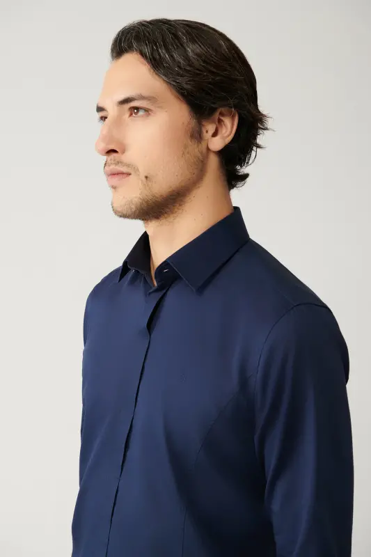 Erkaklar uchun ko'k atlas ko'ylak 100% paxta Klassik yoqa Slim Fit B002002 - 2